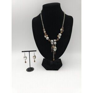 Vintage Faux Amber Rhinestone Silver Tone Dangle Bib Necklace & Earrings Boho